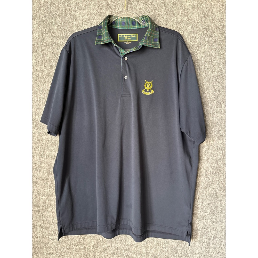 St Andrews Links Tartan Collection Polo Shirt Mens Large Navy Green Plaid Golf